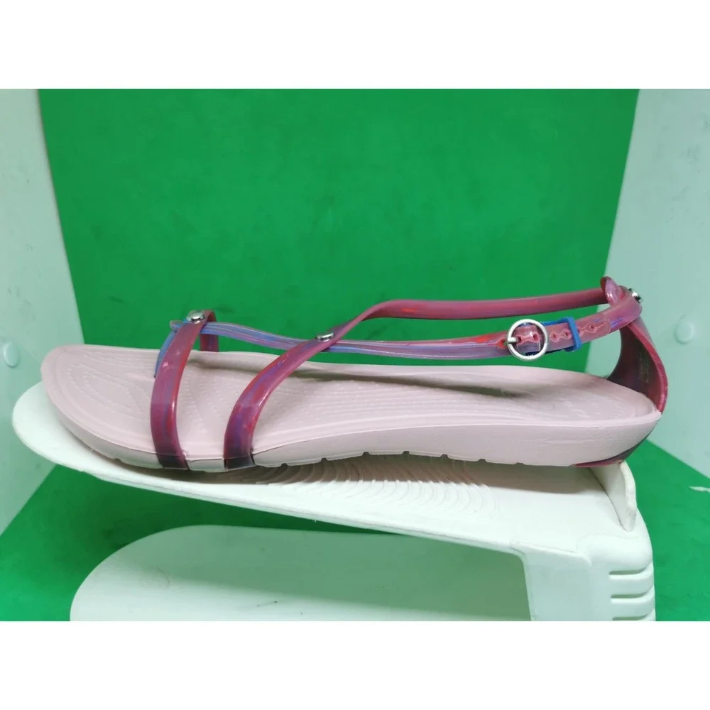 CROCS Size 7 Really Sexi Thong Pink Marble Studded Strappy Sandals Comfort Flat